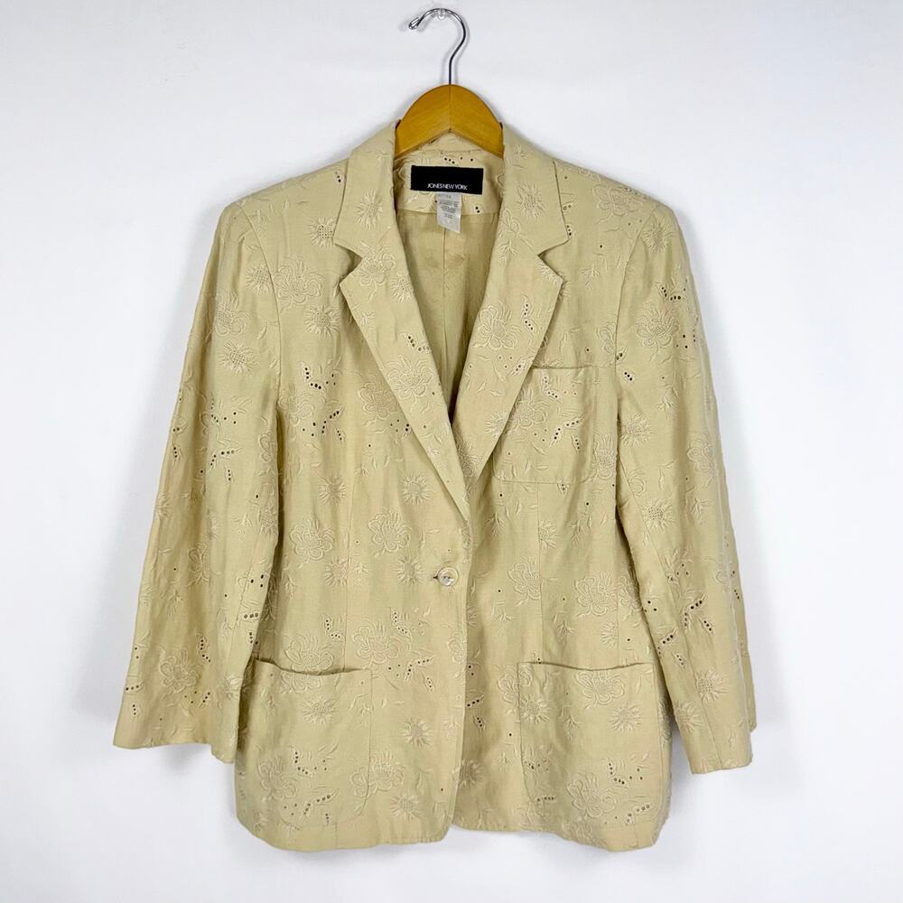 Jones New York Women's Vintage Eyelet Silk Linen Blend Summer Blazer 14 Tan